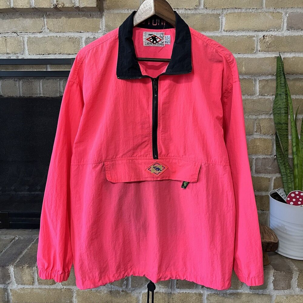 Vintage Gotcha Pink Nylon Anorak Pullover Windbreaker Jacket Size Medium